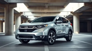 2024 Honda CR-V silver crossover photographed from three-quarter angle in modern urban parking garage with concrete pillars and natural daylight streaming through skylights, showcasing aerodynamic body lines and contemporary LED headlights