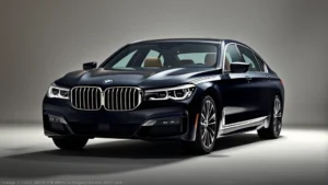 2024 BMW 7 Series luxury sedan in dark blue, three-quarter front view, professional photography studio lighting, premium interior visible through windows