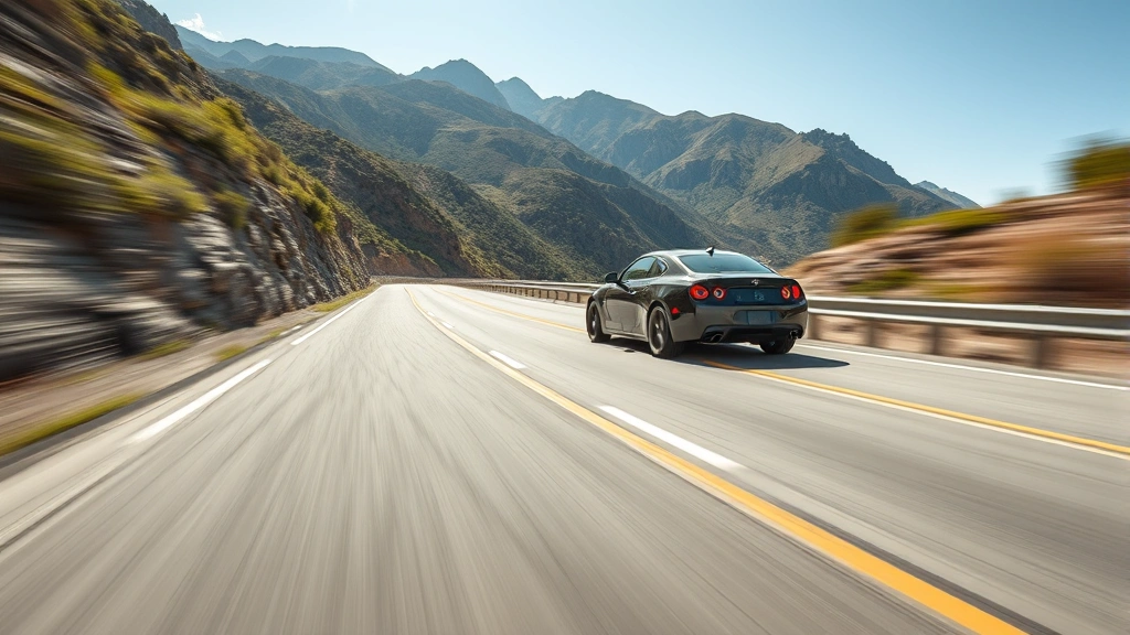 High-performance sedan accelerating on empty mountain road, dynamic motion blur, professional automotive photography, daytime lighting, sharp focus on vehicle