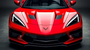 2024 Chevrolet Corvette C8 mid-engine sports coupe in Torch Red, photographed from three-quarter front angle showing aggressive aerodynamic styling, wide stance, and functional hood vents, professional automotive photography lighting