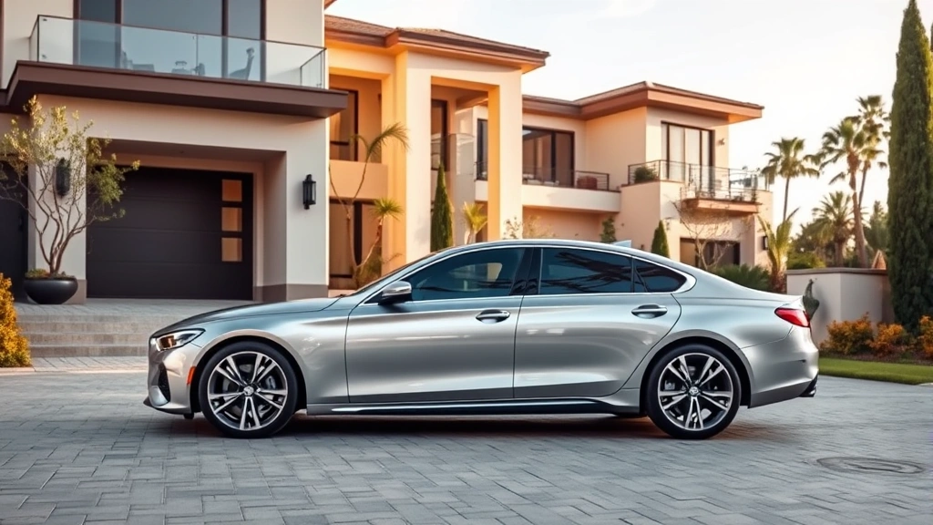 Sleek silver 2024 luxury sedan parked on upscale driveway with modern architecture, professional automotive photography, daytime lighting, sharp focus on vehicle design