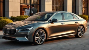 Sleek 2024 luxury sedan with chrome accents photographed from three-quarter front angle, premium leather interior visible through windows, modern sedan parked in upscale setting