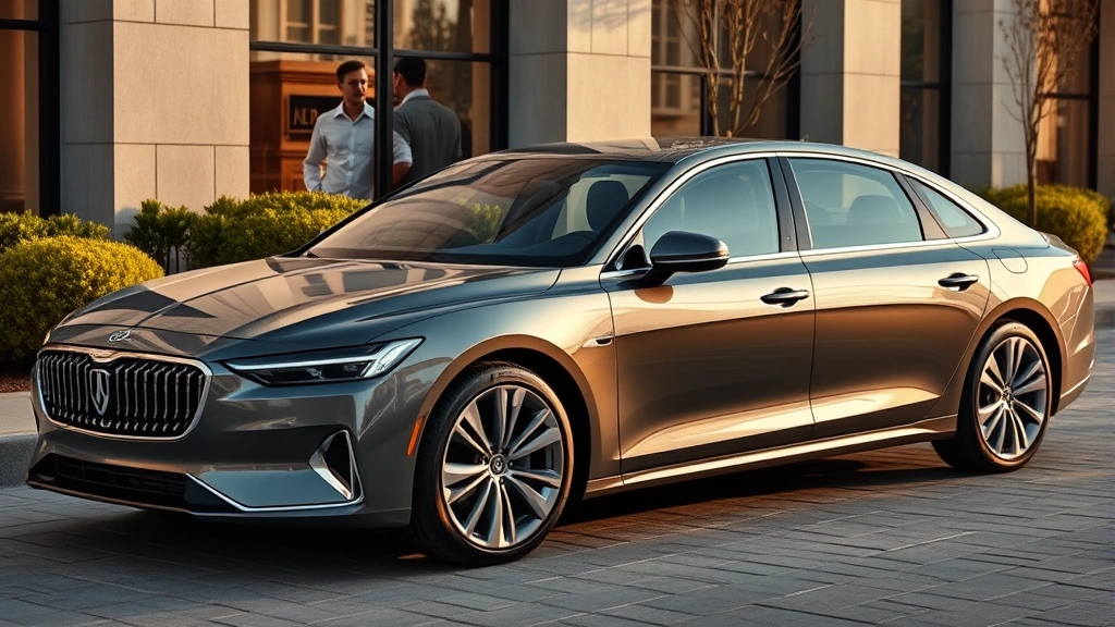 Sleek 2024 luxury sedan with chrome accents photographed from three-quarter front angle, premium leather interior visible through windows, modern sedan parked in upscale setting