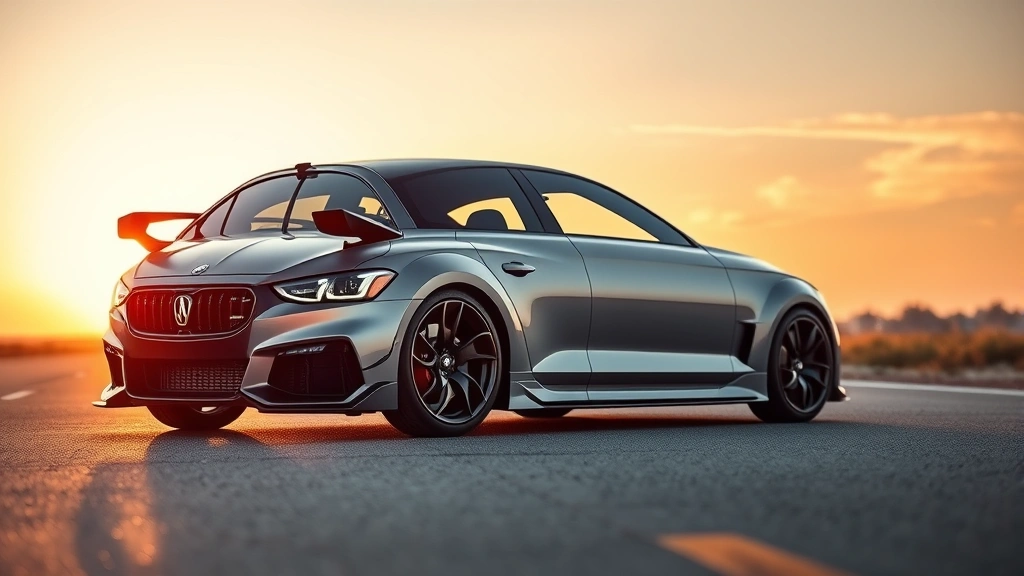 High-performance sedan with aggressive front styling, lowered stance, and premium wheels photographed at golden hour on empty road, showcasing aerodynamic design and contemporary automotive engineering