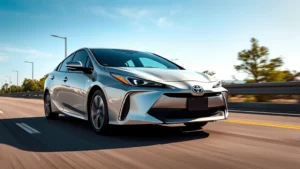 Sleek 2024 Toyota Prius in silver driving on modern highway with trees and blue sky, front three-quarter angle, dynamic lighting, professional automotive photography