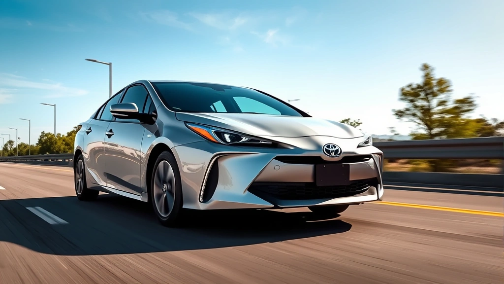 Sleek 2024 Toyota Prius in silver driving on modern highway with trees and blue sky, front three-quarter angle, dynamic lighting, professional automotive photography