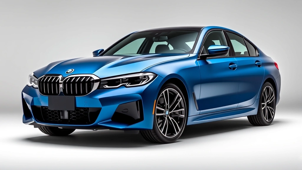 2024 BMW M440i xDrive sedan in metallic blue, three-quarter front view, professional automotive photography, modern luxury sport sedan with aggressive grille design, premium wheels, daylight studio setting