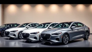 Professional 2024 sedan lineup parked side-by-side in modern showroom with neutral background, dramatic lighting highlighting sleek body lines and chrome accents