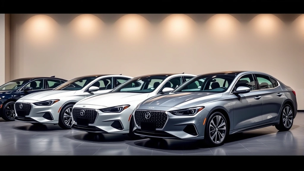 Professional 2024 sedan lineup parked side-by-side in modern showroom with neutral background, dramatic lighting highlighting sleek body lines and chrome accents