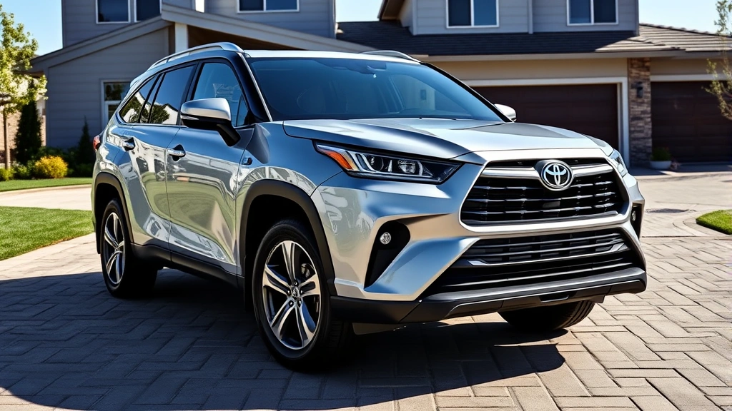 2024 Toyota Grand Highlander three-row SUV photographed from three-quarter front angle in silver metallic paint, parked in driveway with modern residential home background, natural daylight, showing spacious profile and bold front grille design