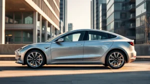 sleek Tesla Model 3 Performance sedan in silver, photographed from three-quarter angle against modern urban architecture, late afternoon sunlight highlighting aerodynamic curves