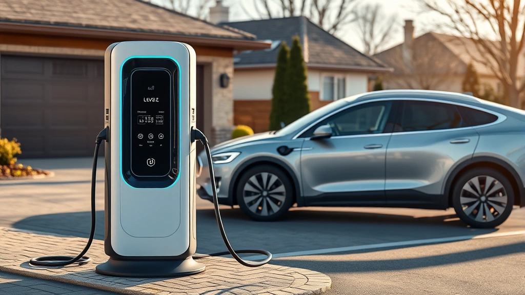 Modern electric vehicle charging at home Level 2 charger station, suburban driveway, daylight, photorealistic, sleek charger design with vehicle in background