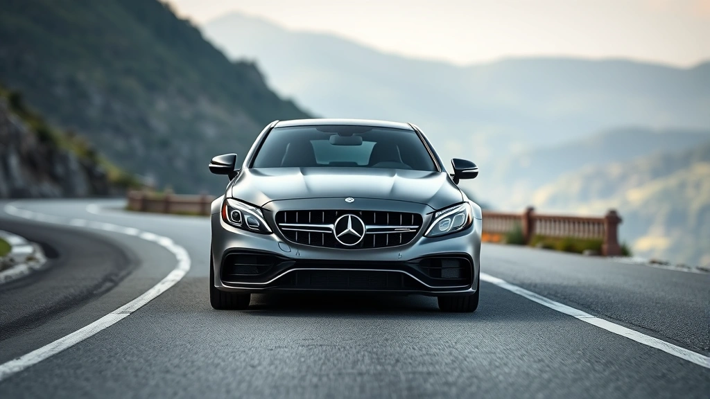 Sleek Mercedes-AMG C63 sedan in matte gray, front three-quarter view on winding mountain road with blurred landscape background, professional automotive photography, daylight