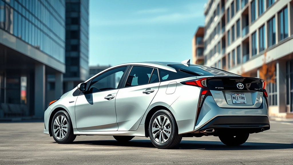 Silver Toyota Prius hybrid sedan photographed from three-quarter angle in modern urban environment with contemporary buildings, daylight, professional automotive photography style, sharp focus on vehicle design