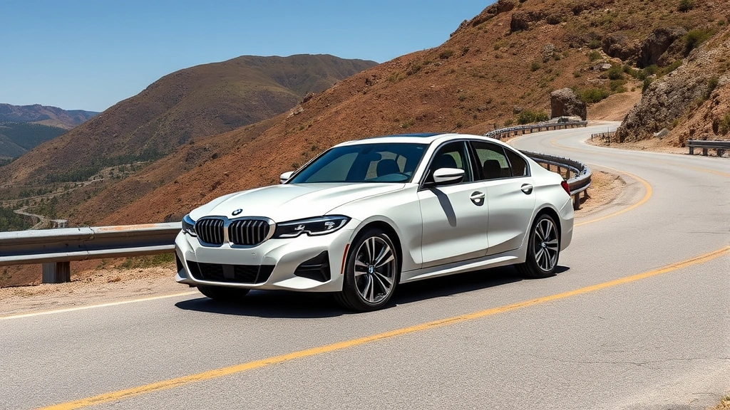 2024 BMW 340i luxury sports sedan, pearl white exterior, photographed from three-quarter front angle on a winding mountain road with clear sky, professional automotive photography
