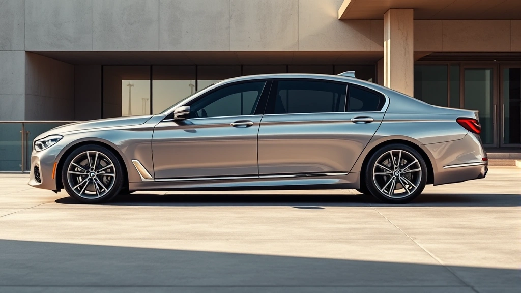 Sleek BMW 7 Series luxury sedan photographed from three-quarter angle in metallic silver, parked on modern concrete with soft natural lighting, emphasizing elegant proportions and premium details