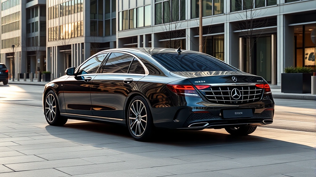 2024 Mercedes-Benz S-Class luxury sedan parked in modern urban setting, showcasing elegant exterior design with sophisticated chrome details and sleek body lines, professional automotive photography