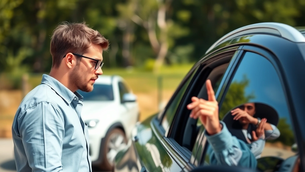 Professional automotive reviewer examining vehicle exterior, natural daylight, modern sedan in background, detailed inspection posture, automotive expertise context