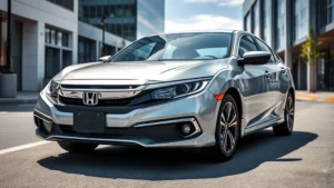 2023 Honda Civic sedan in modern silver, parked on clean urban street with contemporary architecture background, three-quarter front view showing sleek design and LED headlights