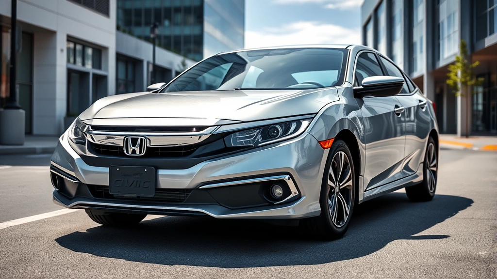 2023 Honda Civic sedan in modern silver, parked on clean urban street with contemporary architecture background, three-quarter front view showing sleek design and LED headlights