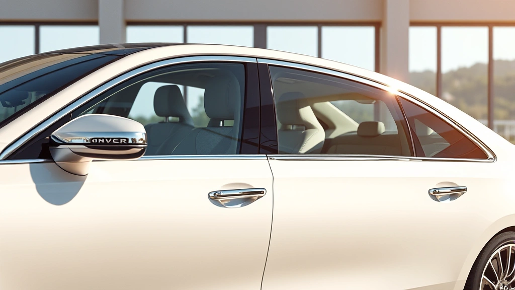 Sleek 2024 luxury sedan with chrome accents and elegant body lines, photographed from three-quarter angle in sunlight, premium materials visible through windows