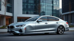 Sleek silver sedan parked on modern urban street with contemporary architecture backdrop, professional automotive photography