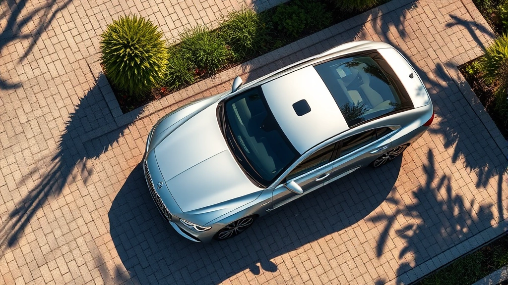 2024 luxury sedan from above, silver metallic paint, sunlit driveway, professional automotive photography, sharp detail