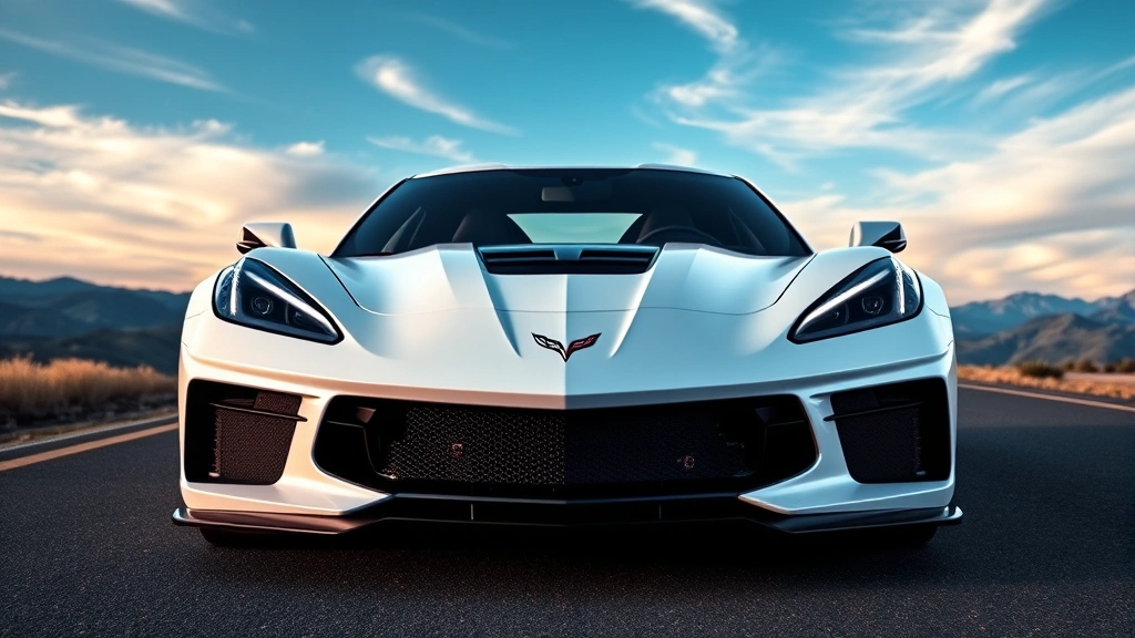 Sleek white Chevrolet Corvette C8 Z06 mid-engine sports car photographed from three-quarter front angle on open mountain road with dramatic sky backdrop, highlighting aggressive hood vents and distinctive design lines