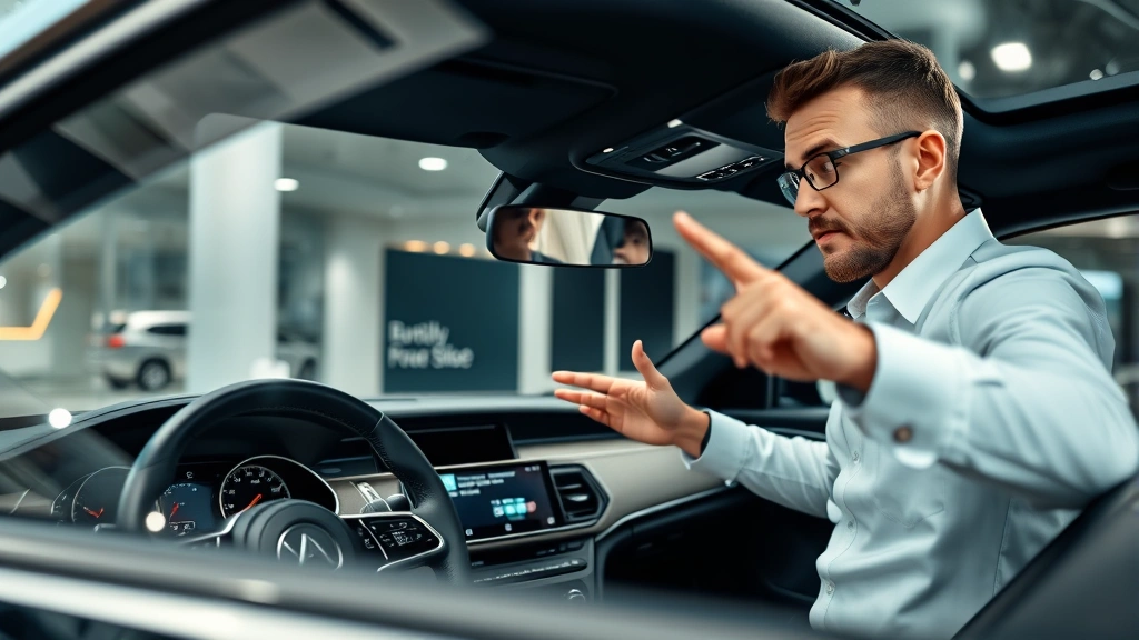 Professional automotive expert reviewing luxury sedan specifications in modern showroom environment, detailed interior dashboard visible