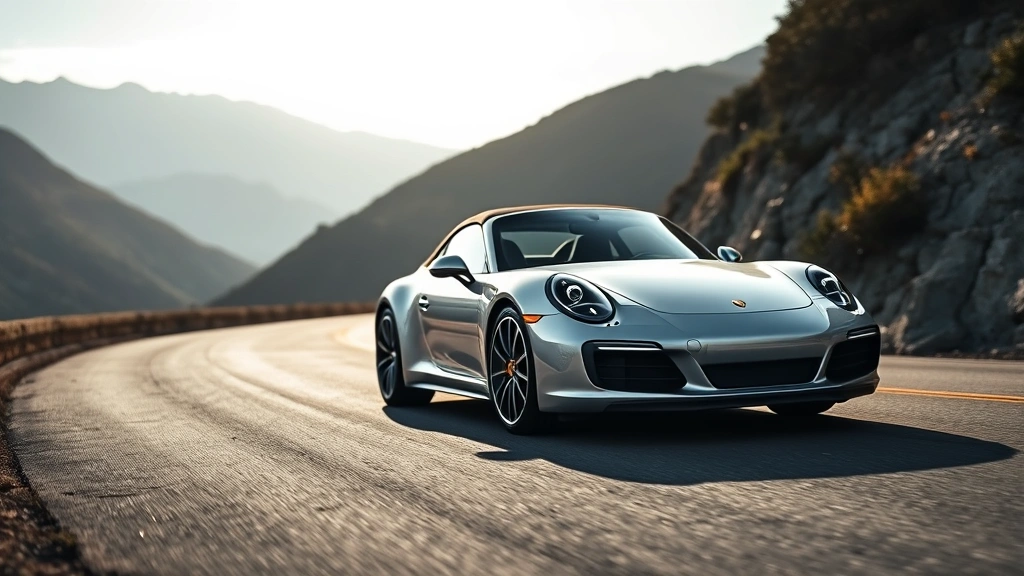 Sleek silver Porsche 911 Carrera sports car photographed from three-quarter front angle on a winding mountain road, dramatic lighting emphasizing curves and aerodynamic design, professional automotive photography style