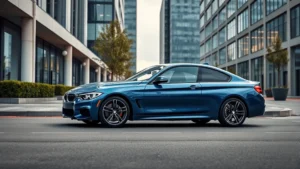 Sleek BMW M440i xDrive sedan in metallic blue parked on modern urban street with contemporary architecture background, professional automotive photography