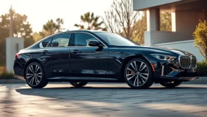 Luxury sedan with sleek design parked on modern driveway, afternoon sunlight, premium materials visible, high-quality automotive photography