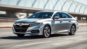 Sleek silver Honda Accord mid-size sedan photographed from three-quarter front angle in bright daylight, modern highway background, premium paint finish visible, contemporary design elements highlighted