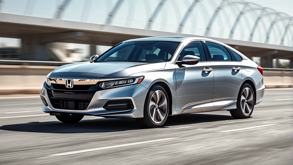 Sleek silver Honda Accord mid-size sedan photographed from three-quarter front angle in bright daylight, modern highway background, premium paint finish visible, contemporary design elements highlighted