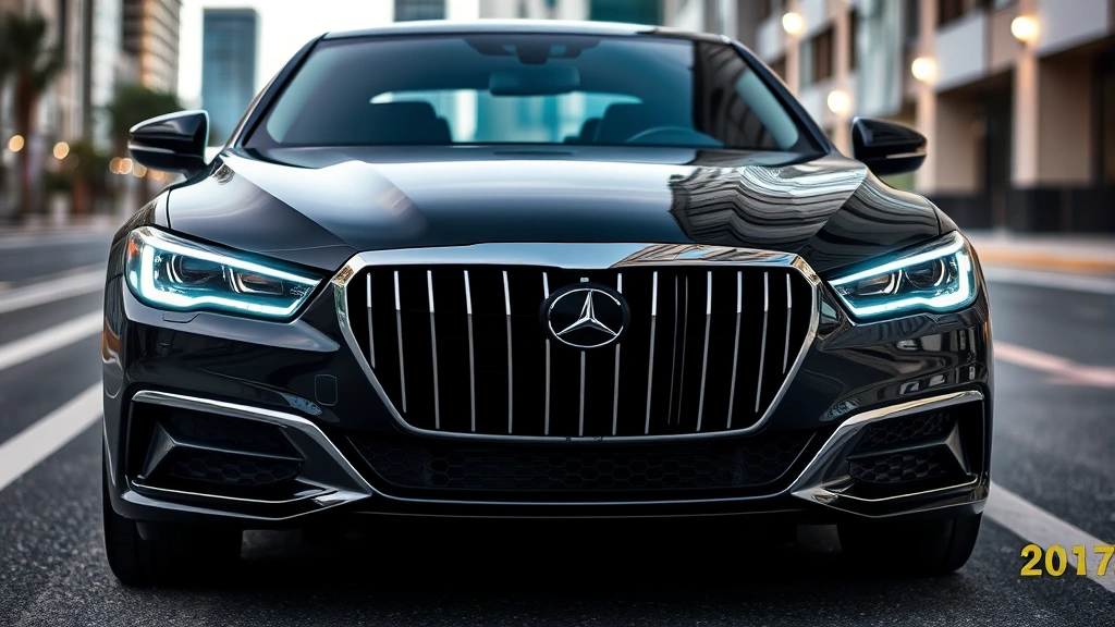 Luxury sedan front three-quarter view, sleek chrome grille, LED headlights illuminated, glossy black paint, parked on modern asphalt with blurred urban background, professional automotive photography, daytime lighting