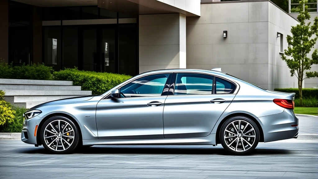 Luxury sedan parked in modern driveway, sleek metallic finish, contemporary architecture background, professional automotive photography, daytime lighting