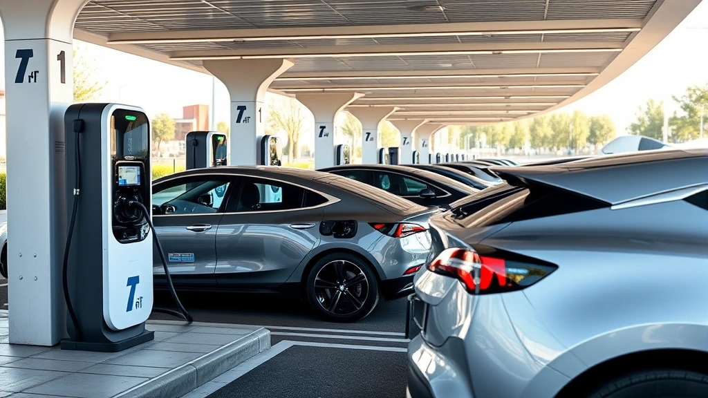 Modern electric vehicle charging at fast-charging station with multiple cars lined up, sleek contemporary design, daylight, photorealistic