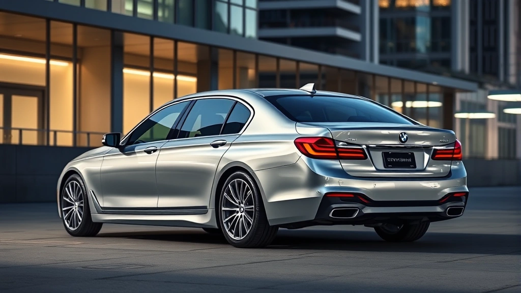 Sleek silver BMW 7 Series luxury sedan photographed from three-quarter angle in modern urban setting, professional studio lighting highlighting elegant design lines and chrome details