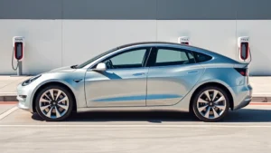 Silver Tesla Model 3 sedan parked on modern charging station plaza, minimalist urban background, daytime natural lighting, side profile view showcasing sleek design