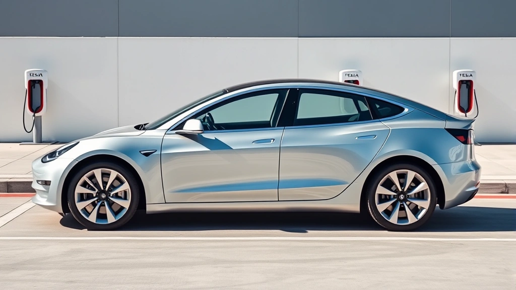 Silver Tesla Model 3 sedan parked on modern charging station plaza, minimalist urban background, daytime natural lighting, side profile view showcasing sleek design