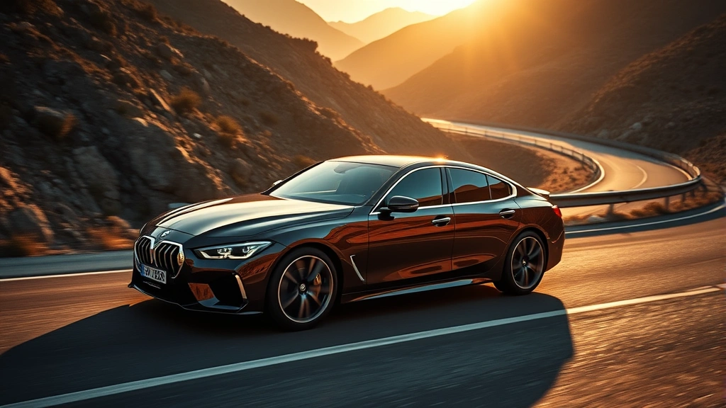 High-performance luxury sedan driving on mountain road, dramatic lighting, professional automotive photography, sleek curves visible, premium wheels and design details