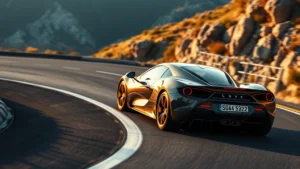 High-performance sports car mid-corner on mountain road, dynamic angle with blurred background, professional automotive photography style, golden hour lighting on sleek bodywork