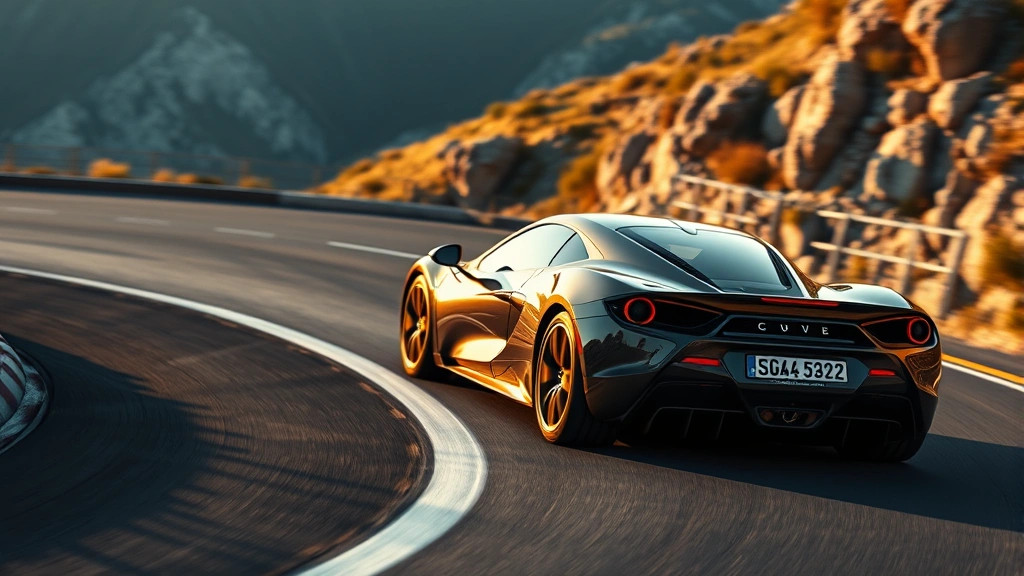 High-performance sports car mid-corner on mountain road, dynamic angle with blurred background, professional automotive photography style, golden hour lighting on sleek bodywork