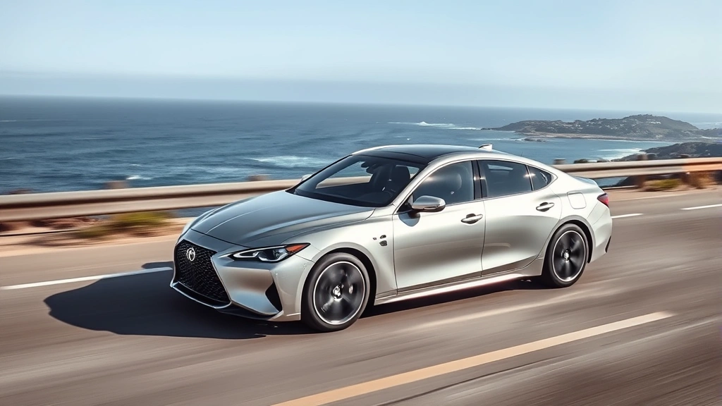 2024 luxury sedan in metallic silver driving on coastal highway with ocean backdrop, professional automotive photography, bright daylight