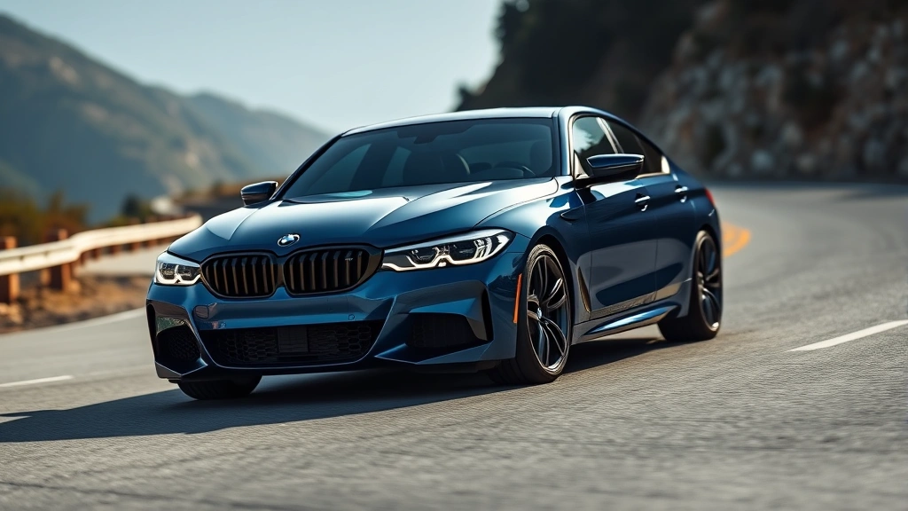 BMW M440i xDrive sedan in metallic blue, photographed from front three-quarter angle on a winding mountain road, dynamic lighting highlighting muscular body lines and aggressive grille design