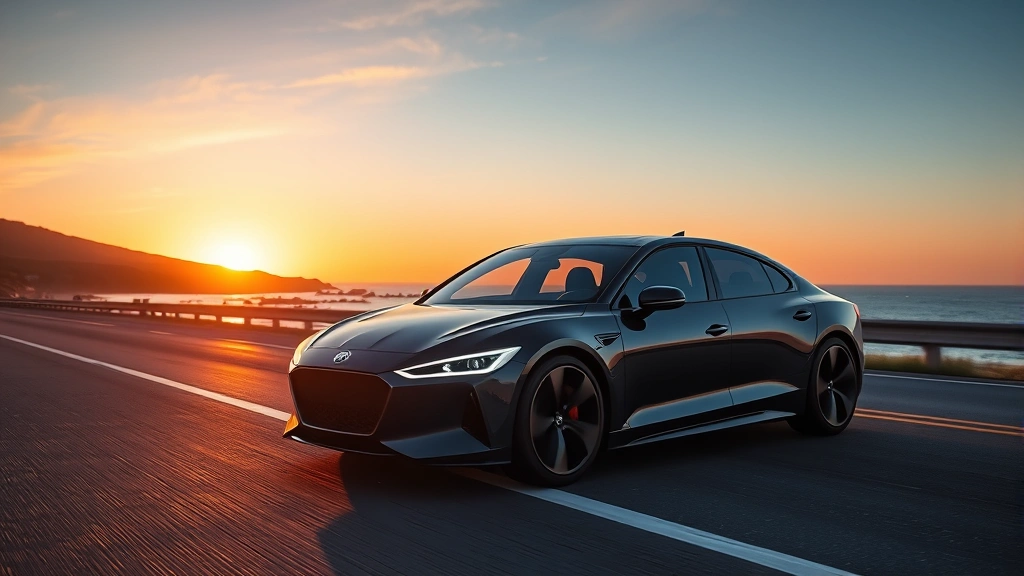Sleek 2024 luxury sedan with modern LED headlights and aerodynamic design, photographed at sunset on coastal highway with ocean background, professional automotive photography style