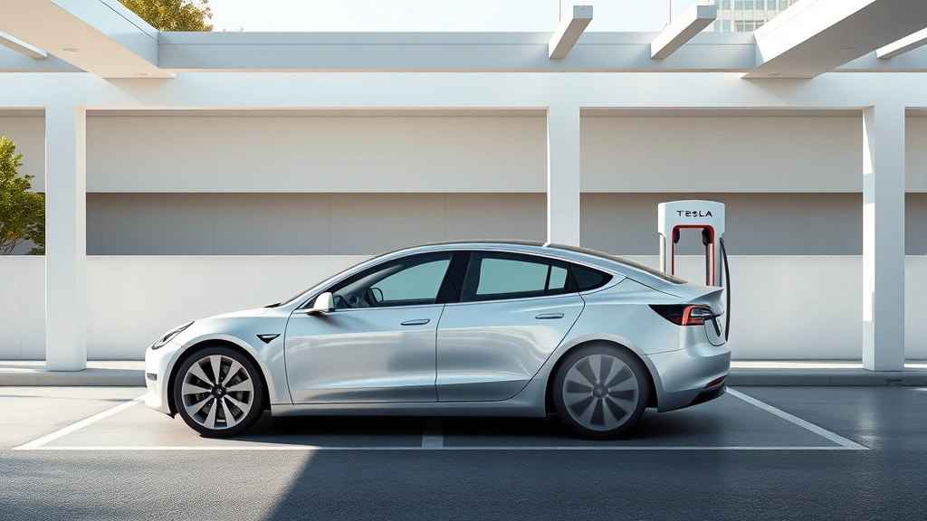 Sleek silver Tesla Model 3 sedan parked in modern charging station with minimalist architecture, daylight, photorealistic, no badges visible