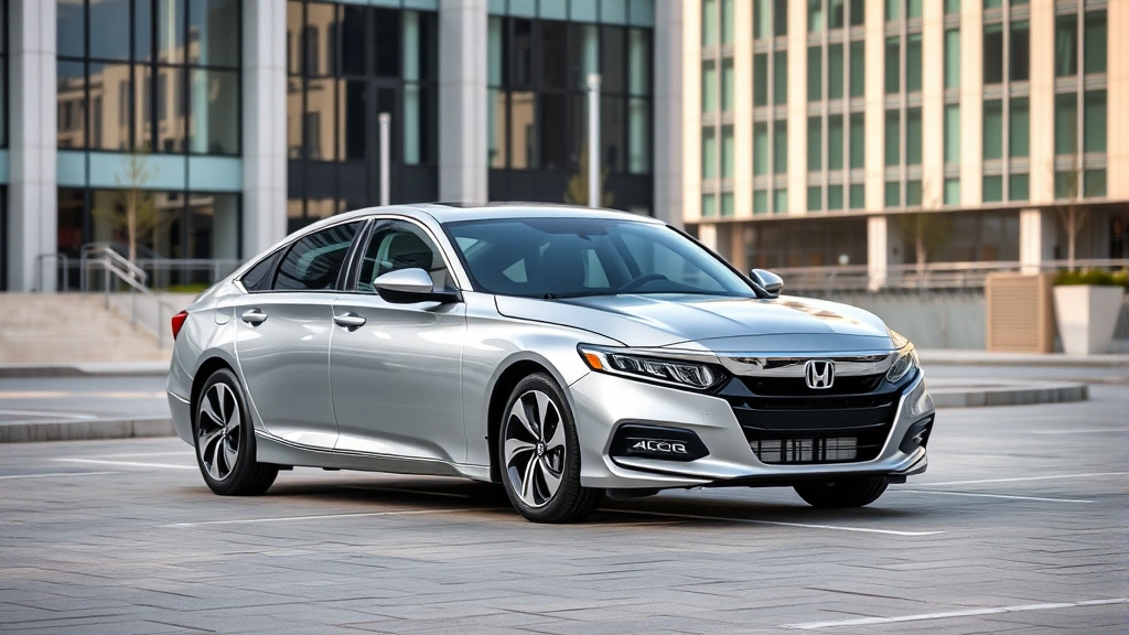 2024 Honda Accord silver sedan parked in modern urban setting with contemporary architecture background, professional automotive photography, daytime lighting, clean and sleek composition