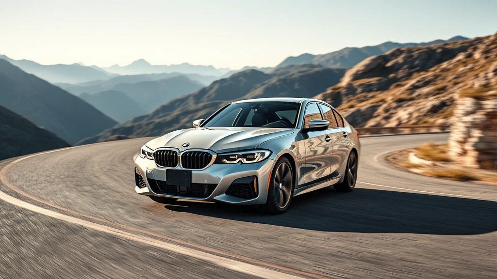 2024 BMW 3 Series luxury sedan driving on winding mountain road, dynamic silver finish, perfect lighting, photorealistic automotive photography