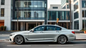 Sleek silver BMW 7 Series parked on modern urban street with contemporary architecture in background, professional automotive photography, daytime lighting